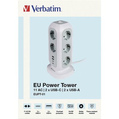 Steckdosenturm EUPT-01, 11x 230V EU, 2x USB Typ-A, 2x USB Typ-C, Kabel 2m, weiß/grau