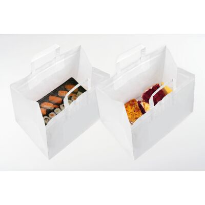Take-Away Papiertragetasche, 5-fach gefalteter Innenhenkel und Verstärkungsblatt