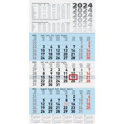 Dreimonatskalender, 30 x 55,5 cm, 5-sprachig, Datumschieber rot Druck: schwarz/rot, blau
