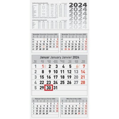 Fünfmonatskalender 30 x 58,5 cm, Datumsschieber, 1 Blatt = 5 Monate, aktueller Monat in der Mitte, drüber 2 Vormonate und drunter 2 Folgemonate