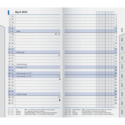 Taschenkalender Kalendereinlage 753, 9 x 15 cm, 1 Monat/2 Seiten, 32 Seiten, Druck: schwarz/blau, Jahresübersicht aktuelles Jahr und Folgejahr