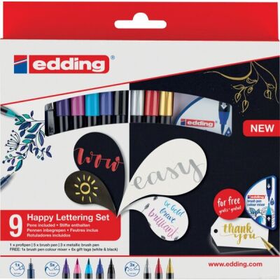 Happy Lettering Set 9+2S sortiert, Einsteigerset, diverse Stifte und Geschenketiketten mit Band