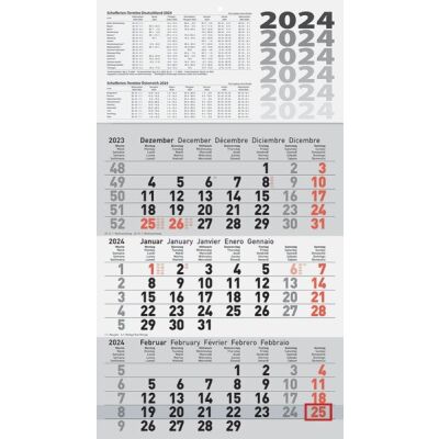 Dreimonats-Wandkalender, 30 x 52 cm, 1 Blatt = 3 Monate, mit rotem Datumsschieber, Kartonrückwand, gebohrt, Blätter mit Abreißperforation, 5-sprachig, anthrazit/ rot