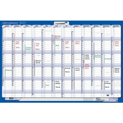Jahreskalender, 900 x 600 mm, waagrechte Monats- und senkrechte Tagesaufteilung, Tagesfeld: 42 x 22 mm; laminiert