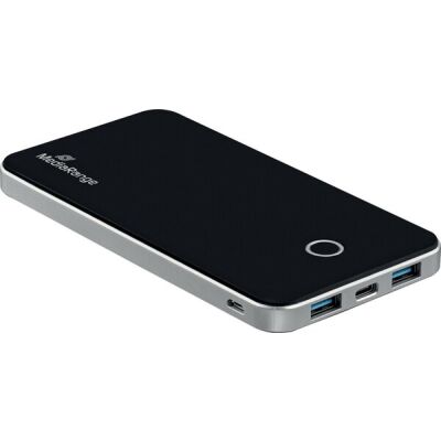 Powerbank 10.000mAh, 2x USB-A und 1x USB-C mit USB-C + Quick Charge, LED Batteriestatusanzeige, schwarz/silber