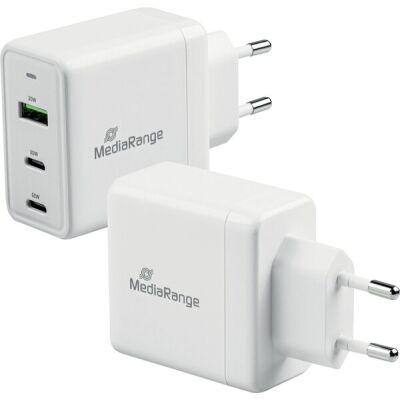 GaN Schnellladeadapter (Eurostecker), 65W, 2x USB-C und 1x USB-A, weiß