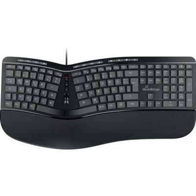 Ergonomische Multimedia-Tastatur, 124 Tasten und Scroll-Rad, QWERTZ (DE/AT), 12 Sondertasten, 1,8 m Kabel, 465 x 222 x 8 mm, schwarz