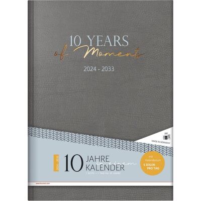 10-Jahreskalender, DIN A4, 2024-2033, 1 Seite = 1 Tag, 21 x 29,7 cm, 416 Seiten, 90 g/qm, Kunstleder-Einband, Fadenheftung, 2 Zeichenbänder, grau