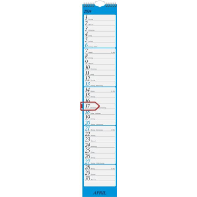 Streifenkalender 120 x 660 mm, 1 Seite = 1 Monat, 100 g/qm, Wire-O-Bindung mit Aufhänger, mit rotem Datumsschieber, sortiert, keine Farbwahl möglich