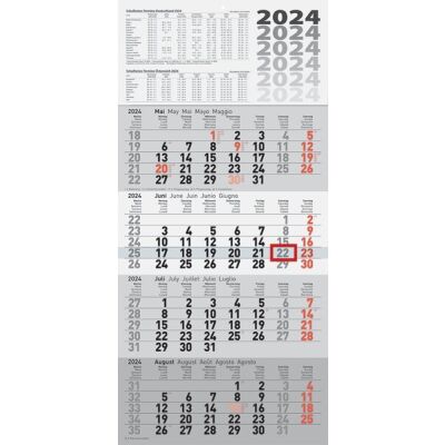 4- Monatskalender, 30 x 62,5 cm, 1 Blatt = 4 Monate, Druck: schwarz/rot 70 g/qm, fünfsprachig: DE, EN, FR, ES, IT, auf Kartonrückwand, gebohrt, Blätter mit Abreißperforation, roter Datumsschieber, Fonds in grau