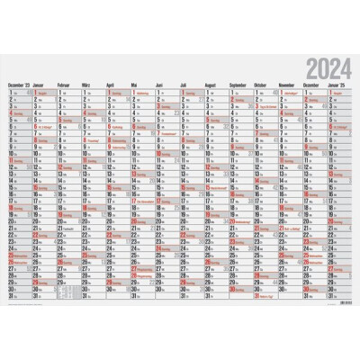 Rido Wandkalender Office I 2024, 98 x 68,5 cm, 1 Seite = 14 Monate, Druck: schwarz/rot, Dez. Vorjahr bis Jan. Folgejahr, Ferientermine DE, gerollt