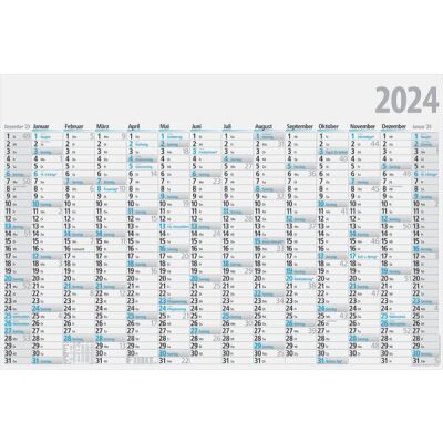 Jahreskalender, 102 x 68 cm, 1 Seite = 14 Monate, Druck: schwarz/blau, 150 g/qm, Dezember Vorjahr bis Januar Folgejahr, gefalzt