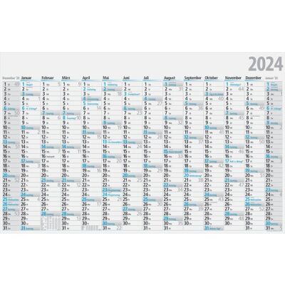 Jahreskalender 121 x 77 cm, 1 Seite = 14 Monate, Druck: schwarz/blau, 150 g/qm, Dezember Vorjahr bis Januar Folgejahr, gefalzt