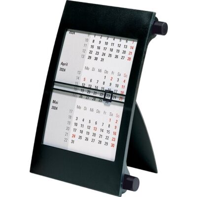 Dreimonats-Tischkalender, 2024, schwarz, 1 Seite = 3 Monate, 11 x 18,3 cm, Druck: schwarz/rot, verschiebbarer Tagesanzeiger, Kunststoff-Rahmen, durch Drehen verstellbares Kalendarium für 2 Jahre, jeweils 3 Jahre im Sichtfeld