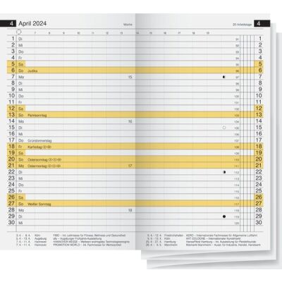 Plankalender Miniplaner Kalender-Einlage d15, 2 Seiten = 1 Monat, 8,7 x 15,3 cm, Druck: grau/gelb, 100 g/qm, von 7 - 19 Uhr, Dezember Vorjahr bis März Folgejahr, Kalendarium 15-tlg., Jahresübersicht aktuelles Jahr und Folgejahr