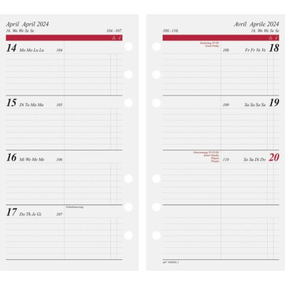 Ersatzkalendarium Timer Timing 2, 2 Seiten = 1 Woche, 9,3 x 17,2 cm, 128 Seiten, Druck: schwarz/burgund, 6-fach Lochung, viersprachig: DE, EN, FR, IT