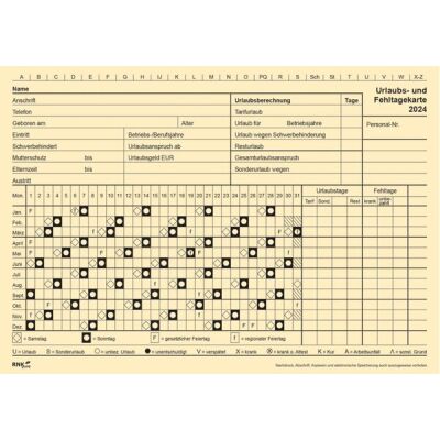Urlaubs- und Fehltagekarte 2024, A5, quer, grafische Darstellung, gelb, 1 Packung = 10 Karten