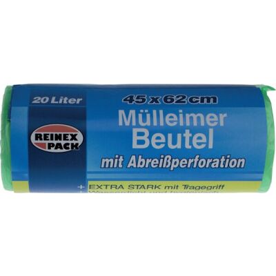 Mülleimer Beutel 20 Liter, 9 my, Beutelmaß: 165 x 625 mm, extra stark mit Tragegriff, 1 Rolle = 30 Beutel