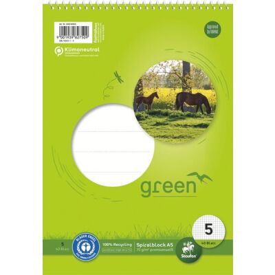 Green Spiralblock, Lin5, DIN A5, 40 Blatt, 70 g/qm, 5 mm, kariert