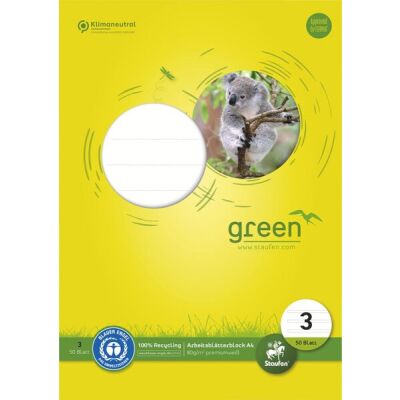 Green Arbeitsblätterblock 3, DIN A4, 50 Blatt, 80 g/qm, 21 Doppellinien, 4-Loch