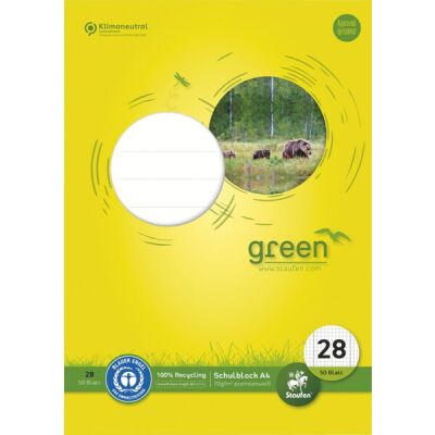 Green Schulblock Lin28, DIN A4, 50 Blatt, 70 g/qm, 5 mm, kariert, mit Rand links, 4-Loch