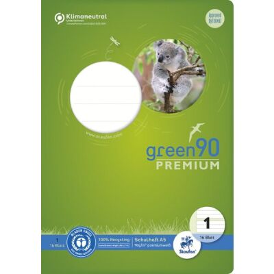 Green Schulheft Lin1, DIN A5, 16 Blatt, 90 g/qm, 5/5/5 mm, liniert, farbig