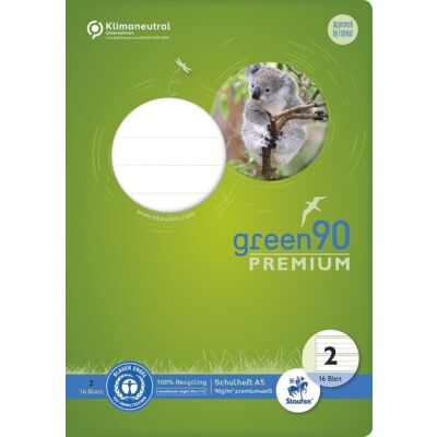 Green Schulheft Lin2, DIN A5, 16 Blatt, 90 g/qm, 4/4/4 mm, liniert, farbig