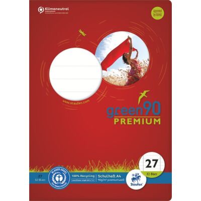 Green Schulheft Lin27, DIN A4, 32 Blatt, 90 g/qm, 9 mm, kariert, mit Rand