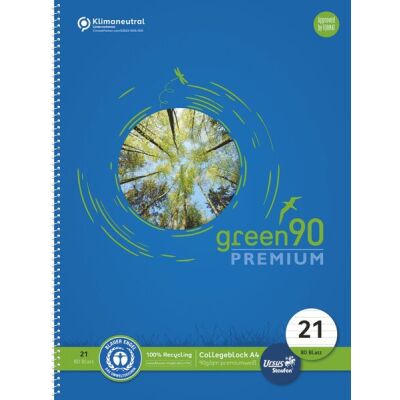 Green Collegeblock, Lin21, DIN A4, 80 Blatt, 90 g/qm, 9 mm, liniert, 4-Loch, blau