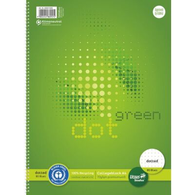 Green Collegeblock, DIN A4, 80 Blatt, 70 g/qm, dotted, 4-Loch