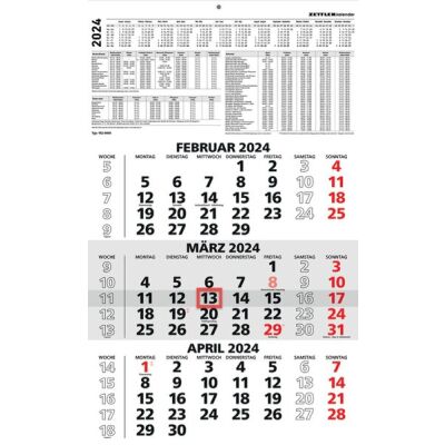 Dreimonatskalender, 1 Seite = 3 Monate, 29,7 x 48,8 cm, 12 Blatt
