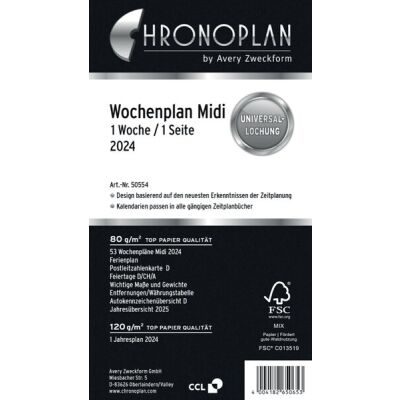 Chronoplan Wochenplan Midi, 9,6 x 17,2 cm, aktuelles Kalendarium, 1 Woche = 1 Seite