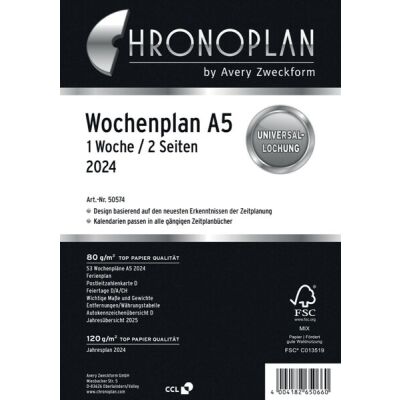 Chronoplan Tagesplan DIN A5, 14,8 x 21,0 cm, aktuelles Kalendarium, 1 Woche = 2 Seiten