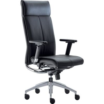 Bürodrehsessel manager, Armlehnen 3-dimensional verstellbar, Kopfstütze/Rückenlehne/Sitz gepolstert schwarz Leder, Fußkreuz Alu poliert