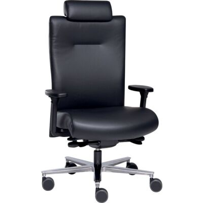 Bürodrehstuhl Sumo, mit Kopfstütze, mit Armlehne, Nutzgewicht bis max. 180 kg, wird zerlegt geliefert, Leder schwarz