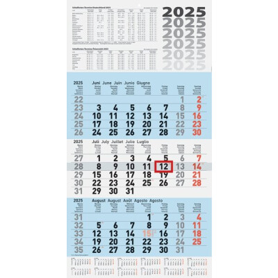 3-Monats-Wandkalender, 3 Monate/1 Seite, 30 x 55,5 cm, 5-sprachig, Datumschieber rot, Druck: schwarz/rot, blau