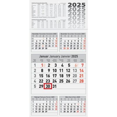 5-Monats-Wandkalender, 5 Monate/1 Seite, 30 x 58,5 cm, Datumsschieber rot, aktueller Monat in der Mitte, drüber 2 Vormonate und drunter 2 Folgemonate