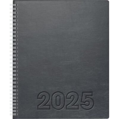 Buchkalender, 1 Woche/2 Seiten, SOFT-Einband, 21 x 26 cm, 160 Seiten, Wire-O-Bindung, Eckperforation, 4-sprachig, Druck schwarz/rot, halbstündlich 7 - 20 Uhr, Jahresübersicht aktuelles Jahr und Folgejahr, grau