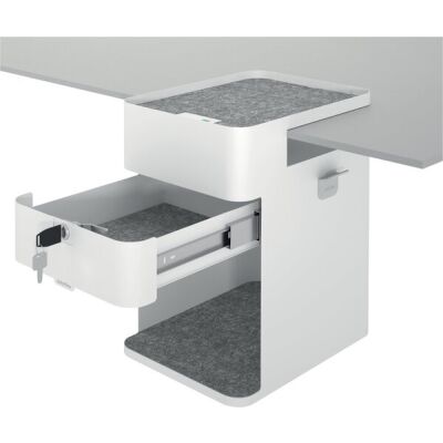 Desktop locker 503, Soft-Close Schublade mit Filzeinlage, Stahlklammer zum befestigen, zusätzlich ein offenes Fach, weiß