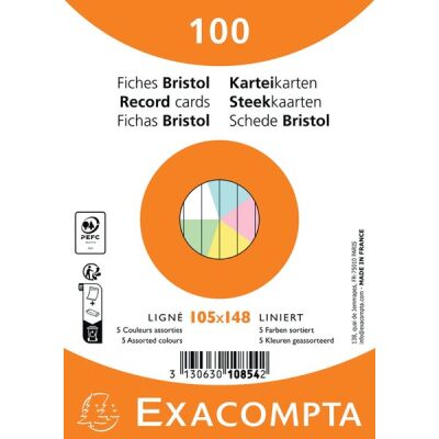 Karteikarten DIN A6, liniert, 205 g/qm, nicht gelocht, 100 Stück, sortiert in 5 Farben