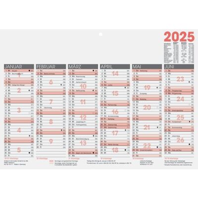 Tafelkalender, DIN A4 quer, 6 Monate/1 Seite, zweifarbiger Druck, Karton, mit Tageszählung und Ferienterminen