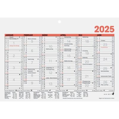 Tafelkalender, DIN A5 quer, 6 Monate/1 Seite, mit Lochbohrung zum Aufhängen, Karton, mit Tageszählung und Ferienterminen, schwarz/rot