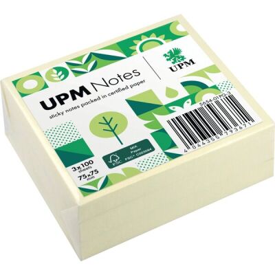 Haftnotiz, Recycling, 75 x 75 mm, Pastell gelb, 100 Blatt/Block, 3 Blöcke, Kartonverpackung