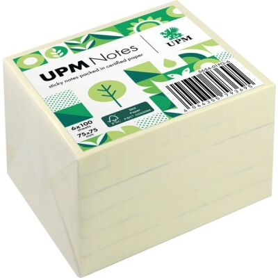 Haftnotiz, Recycling, 75 x 75 mm, Pastell gelb, 100 Blatt/Block, 6 Blöcke, Kartonverpackung