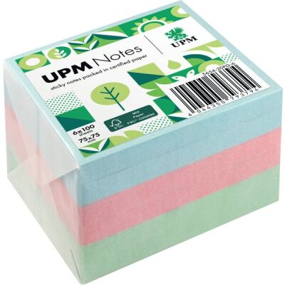 Haftnotiz, 75 x 75 mm, Pastell Mix grün, blau, rosa, 100 Blatt/Block, 6 Blöcke, Pergaminverpackung, FSC®-zertifiziert