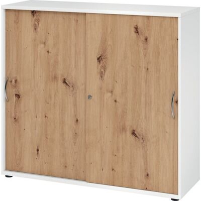 Schiebetürenschrank 1753, (H x B x T) 1200 x 1110 x 400 mm, 3 Ordnerhöhen, abschließbar, weiß/asteiche