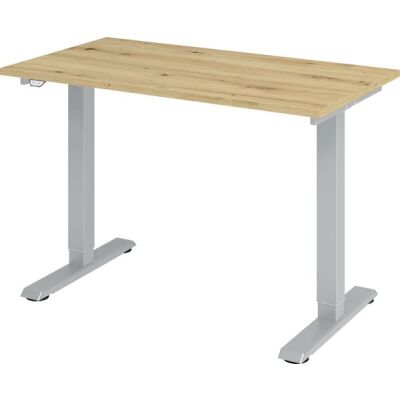 Sitz-/Stehschreibtisch XMST612, (H x B x T) 710-1200 x 1200 x 670 mm, T-Fuß-Gestell, elektrisch höhenverstellbar, asteiche/silber