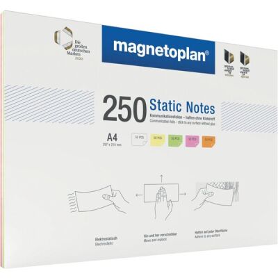 Notes Static, DIN A4, 250 Stück, haftend durch statische Aufladung, sortiert in weiß, gelb, grün rosa, orange