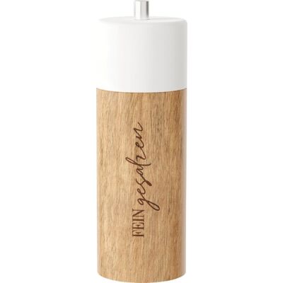 Salzmühle aus Holz, Keramik Mahlwerk, Mahlgrad einstellbar, Motiv Fein gesalzen