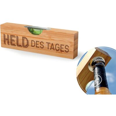Flaschenöffner aus Bambus und Edelstahl, Motiv Held des Tages